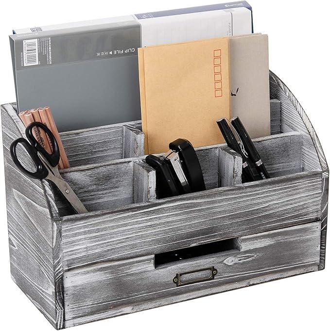 VERGOODR Rustic Wooden Office Desk Organizer 5 Compartment with 2 Drawer &Counter Home Tabletop Desktop Jewelry Mail Rack Storage Box for Pens Notebooks Folders Pencils (Grey white)