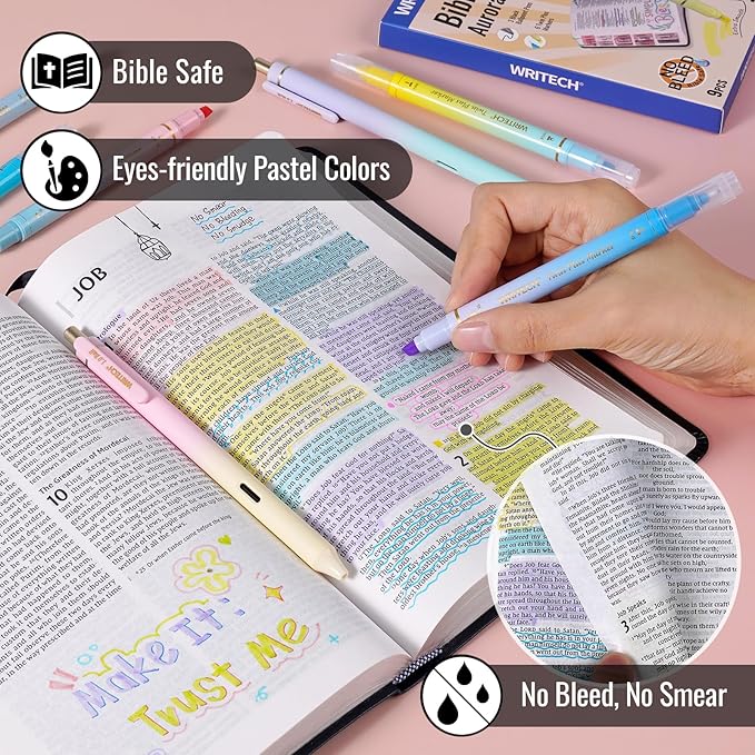 WRITECH Bible Mate Journaling Set: No Bleed Aesthetic Highlighters & 1.0 mm Black Ballpoint Pens, Bible Safe Dual Tip Highlighters, Pastel Colors, Fast-drying Ink, Journaling Kit, 9ct