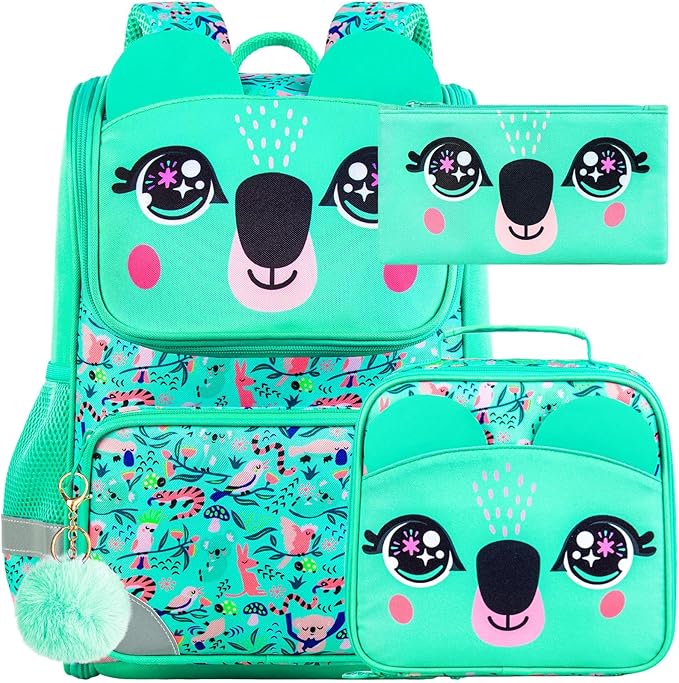UFNDC 3PCS Bookbag for Girls, 15" Kids Sequin Bookbag with Lunch Box, Green Koala School Bag Set for Elementary Preschool Toddler