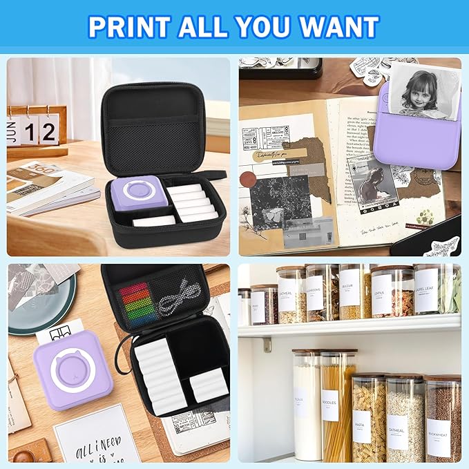Purple Mini Pocket Printer with Black Case, Thermal Printer with 10 Rolls Thermal Paper, Mini Portable Photo Printers for Travelling, Journal, Memo, Photo, Study Notes, Shopping Lists
