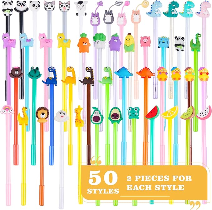 SAIWEILAI ONLINE 100 Pieces Kawaii Pens Cartoon Fun Pens Cute Animal Dinosaur Pen Black Gel Ink Writing Pen for Students Home Office School Supplies,50 Styles