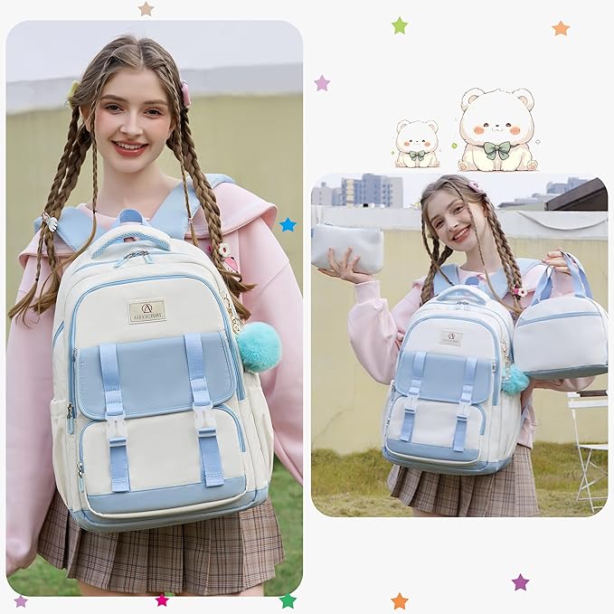AO ALI VICTORY School Backpack for Girls Women 15.6 Inch Laptop Backpacks College Bookbag Cute Kids Elementary Middle High School Bag with Lunch Box Set for Teens Students Travel Daypack, Blue Set