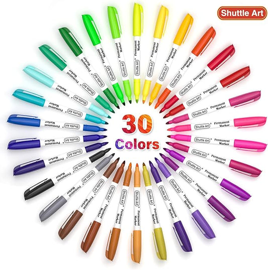 Shuttle Art 30 Colors Permanent Markers, Fine Point, Assorted Colors, Works on Plastic,Wood,Stone,Metal and Glass for Kids Adult Coloring Doodling Marking