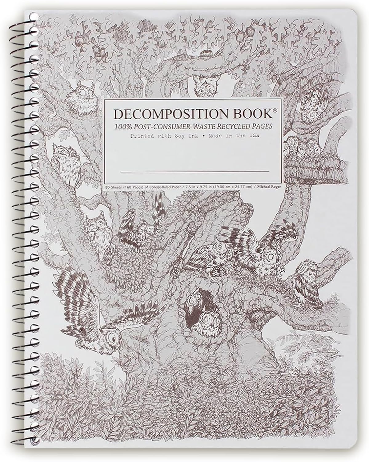 Decomposition Screech Owls College Ruled Spiral Notebook - 9.75 x 7.5 Journal with 160 Lined Pages - 100% Recycled Paper - Cute Notebooks for School Supplies, Home & Office - Made in USA
