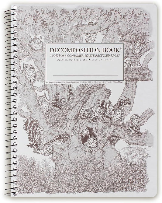 Decomposition Screech Owls College Ruled Spiral Notebook - 9.75 x 7.5 Journal with 160 Lined Pages - 100% Recycled Paper - Cute Notebooks for School Supplies, Home & Office - Made in USA