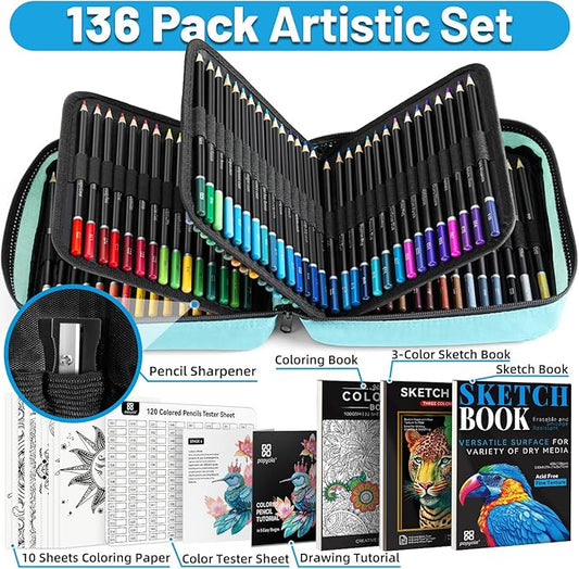 136 PCS Colored Pencils Set for Adult Coloring Books, 120 Colored Pencils with Sketchbook, Coloring Book, Sharpener, Soft Core Oil-Based Coloring Pencils for Artists Drawing Sketching Blending Shading
