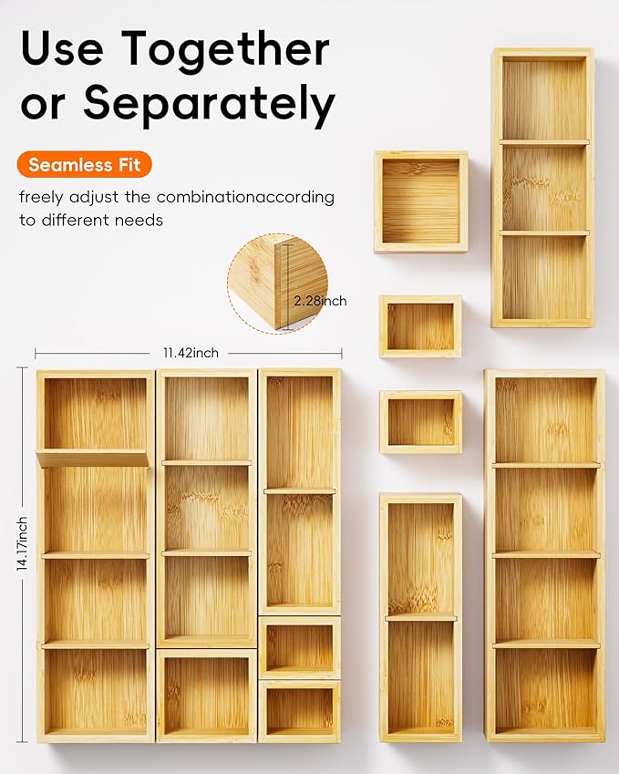 Desk Drawer Organizer Tray Set of 6 – Bamboo Office Storage Boxes with 12 Compartments for Office Supplies, Cosmetics, Jewelry and More