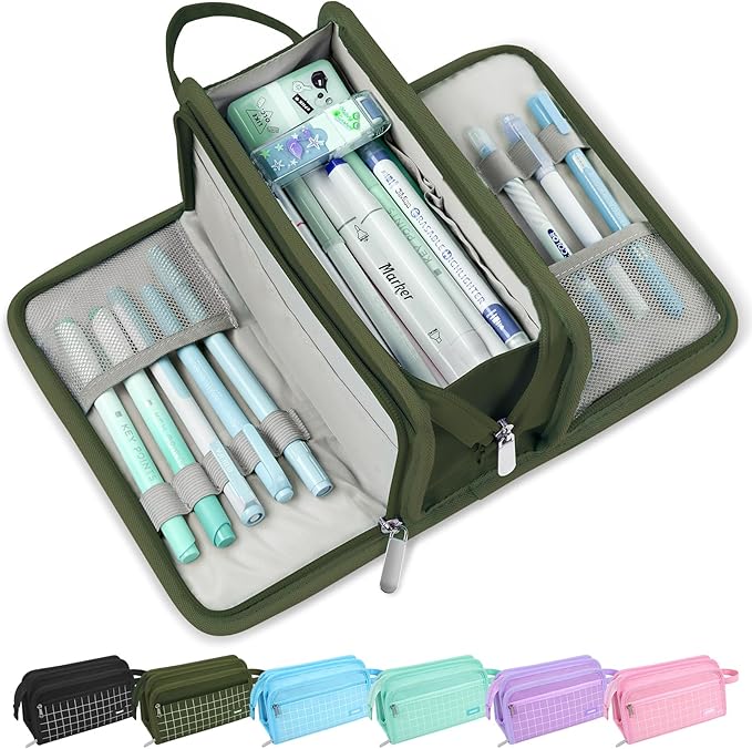 Sooez Large Pencil Case, Big Capacity Pencil Pouch Pen Bag with 3 Compartment, Portable Canvas Stationery Organizer with Zipper, Cute Aesthetic School Supplies for Teen Girls, Army Green with Plaid