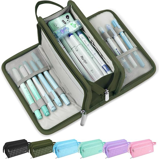 Sooez Large Pencil Case, Big Capacity Pencil Pouch Pen Bag with 3 Compartment, Portable Canvas Stationery Organizer with Zipper, Cute Aesthetic School Supplies for Teen Girls, Army Green with Plaid