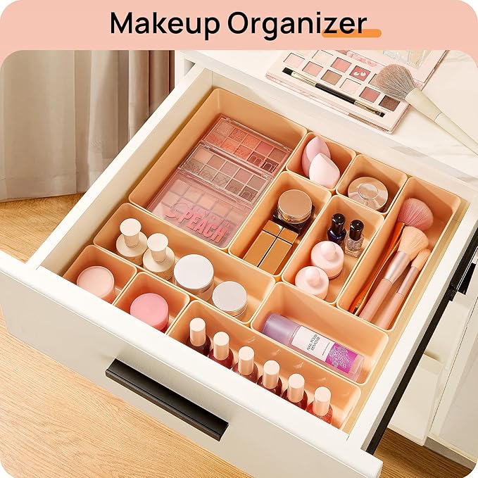 Vtopmart 25 PCS Plastic Drawer Organizers Set, 4-Size Versatile Bathroom and Vanity Drawer Organizer Trays, Storage Bins for Makeup, Bedroom, Kitchen Gadgets Utensils and Office