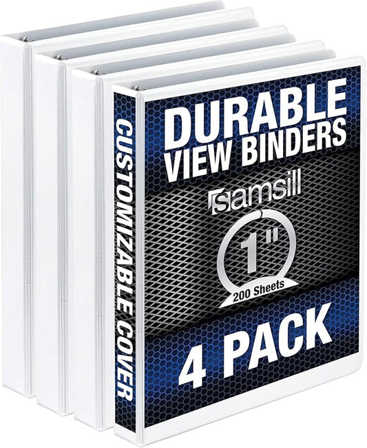 Samsill Durable 1 Inch Binder, Made in The USA, Round Ring Customizable Clear View Binder, White, 4 Pack (MP48437)