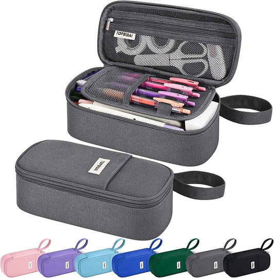 Large Pencil Case Pouch for Boy Men Kids Adults, Big Capacity Canvas Pencil Bag, Office College School Multi Compartment Zipper Stationery Pen Bag (Grey)