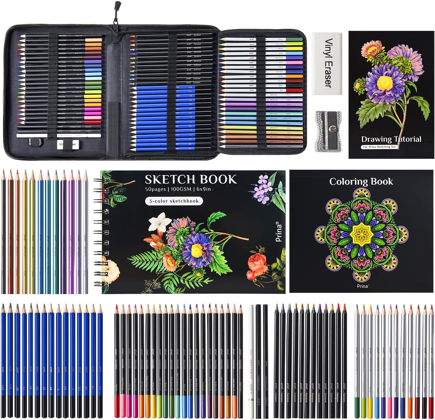 PRINA 81 Drawing Set Sketching Kit, Pro Sketch Pencils Art Supplies with Rainbow, Colored, Graphite, Watercolor, Metallic, Charcoal Pencil, Sketchbook, Coloring Book, Gift Case for Artists Adults Kids