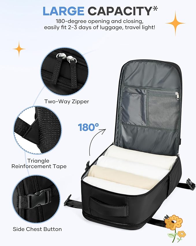 coofay Black Travel Backpack Carry on Flight Approved Mochila De Viaje Personal Item Backpack for Airlines Frontier Airlines Personal Item Bag Large Backpack for Travel Backpacks for Men Women