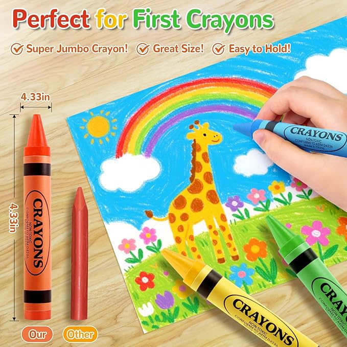 Jumbo Crayons for Toddlers 1-3 - 16 Colors Washable Toddler Crayons for Kids Ages 4-8 & 2-4, Non-Toxic, Silky Easy-Grip Large Crayon for Kids Art Coloring, Back to School Supplies,Classroom Must Haves