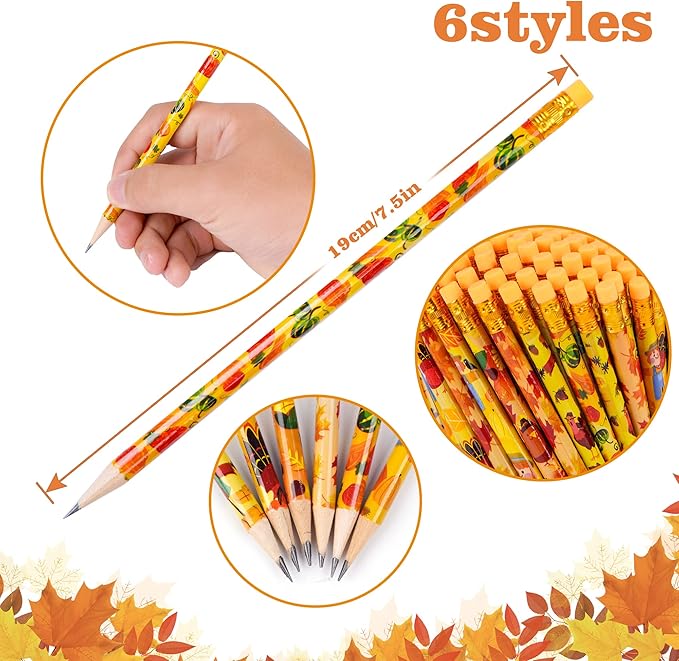 Kolewo4ever 100 Pieces Fall Pencils Thanksgiving Party Pencils Assortment Cylinder Wood Pencil Maple Leaf Autumn Turkey Pencil For Thanksgiving Pumpkin Autumn Gift,6 Styles