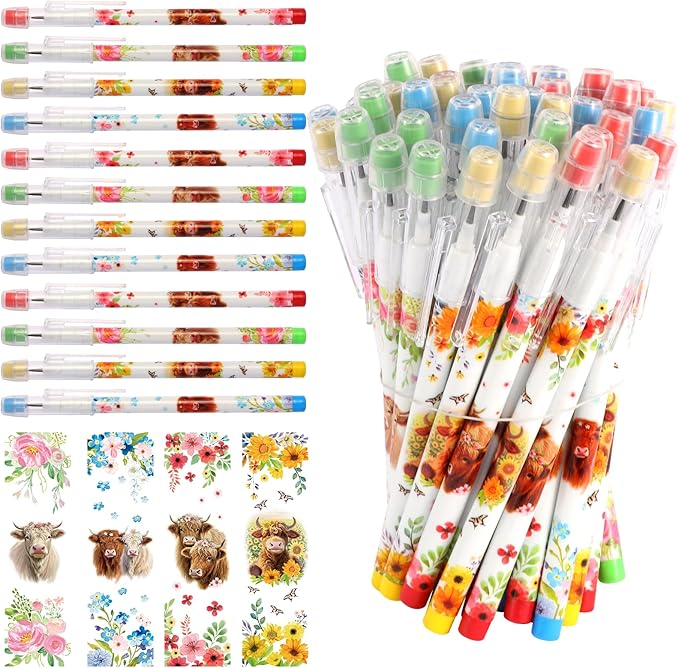 Kolewo4ever 48pcs HB Highland Cow Pencils Kawaii Cute Multipoint Pencil Push Translucent Non Sharpening Stackable Pencils Pop Up Plastic Pencil for Classroom Rewards Carnival Prizes