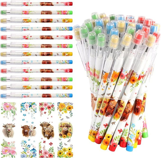 Kolewo4ever 48pcs HB Highland Cow Pencils Kawaii Cute Multipoint Pencil Push Translucent Non Sharpening Stackable Pencils Pop Up Plastic Pencil for Classroom Rewards Carnival Prizes