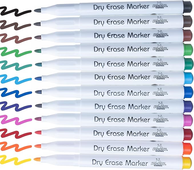 Apostrophe Games Fine Point Dry Erase Markers - Multicolor Variety Pack Pens, 12 Colors - Reusable Whiteboard Markers, Wipes Clean