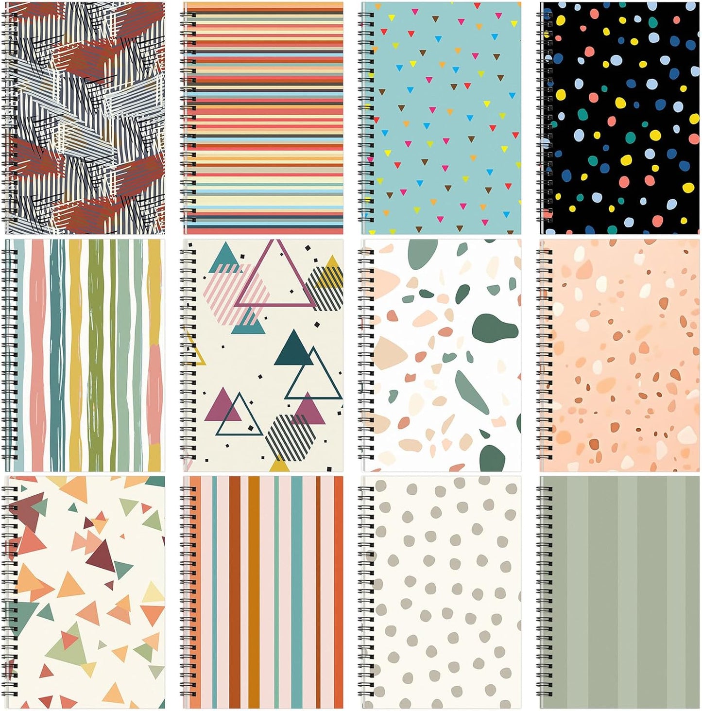 Fuutreo 12 Pcs Spiral Notebook for Work A5 8.3 x 5.7 Inch College Ruled Spiral Journal Notebook Kraft Cover Ruled Paper, 12 Color, 60 Sheets, 120 Pages for Office School(Retro Geometry)