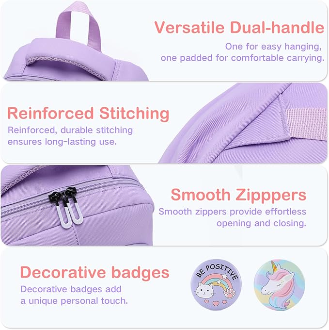VASCHY Backpack for Girls, Cute School Bag Bookbag for Elementary Middle Schooler Teen Girls/Kids Travel with Clear Pin Pouch Purple