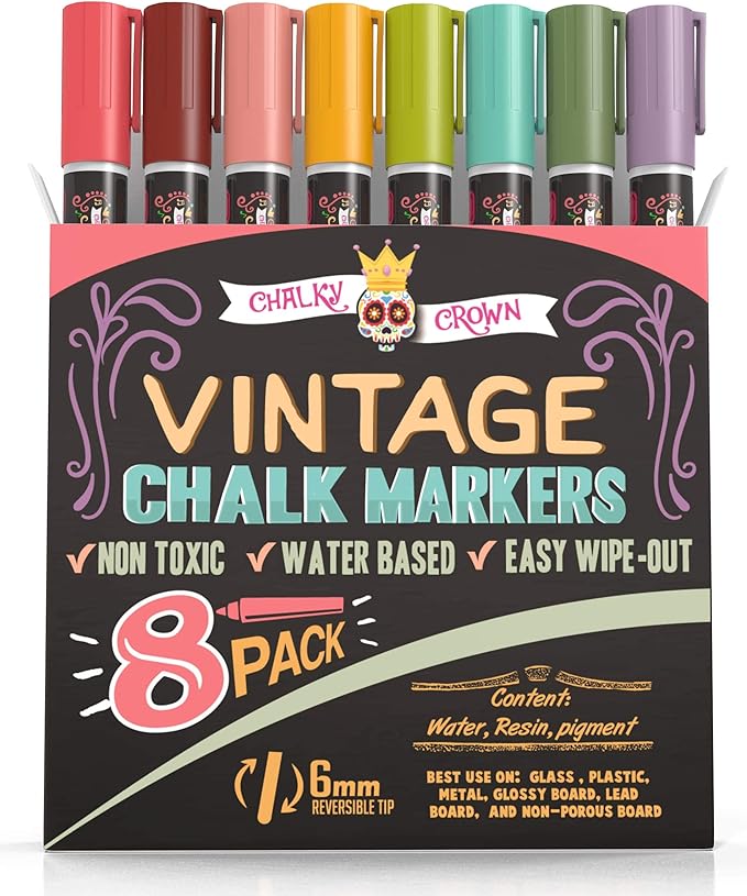 CHALKY CROWN Liquid Chalk Markers - Dry Erase Marker Pens - Chalk Markers for Chalkboards, Signs, Windows, Blackboard, Glass - Reversible Tip (8 Pack) (Vintage, 6mm)