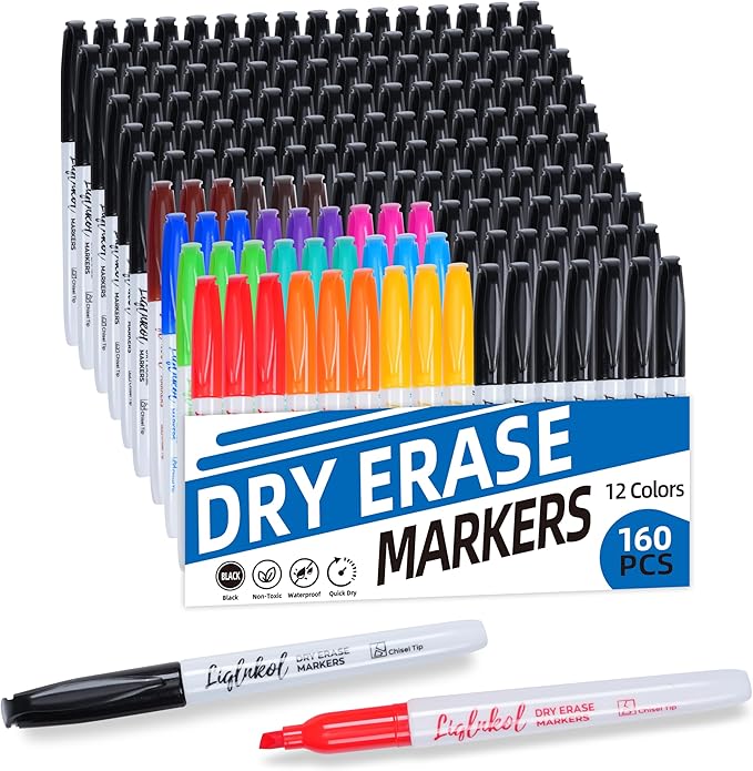 Dry Erase Markers Bulk 160 Pack 12 Colors of 127 Black and 33 Assorted Pens, Chisel Tip Whiteboard Markers for Home School and Office.