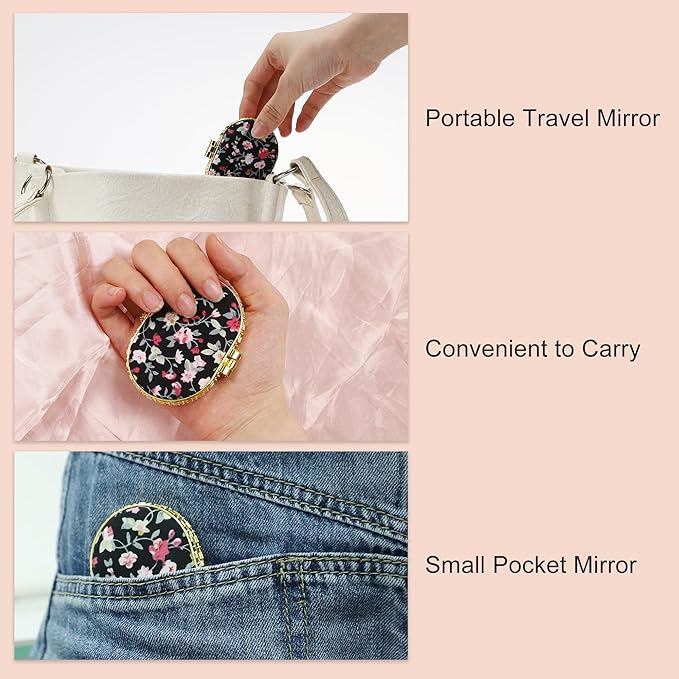 VOCOSTE Compact Mirror for Purses - Flower Pocket, Oval Mini, Floral Small, Vintage Folding, Travel Portable for Women, Black