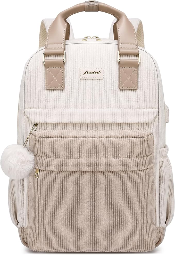 School Backpack for Girls Laptop Bookbag: Casual Corduroy Women Backpacks with USB Charging Port TSA Friendly Travel Back Pack with Anti-Theft Pocket Cute College Daypack for Teen Students Khaki Beige