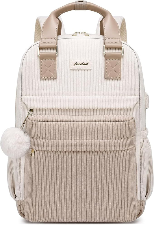 School Backpack for Girls Laptop Bookbag: Casual Corduroy Women Backpacks with USB Charging Port TSA Friendly Travel Back Pack with Anti-Theft Pocket Cute College Daypack for Teen Students Khaki Beige