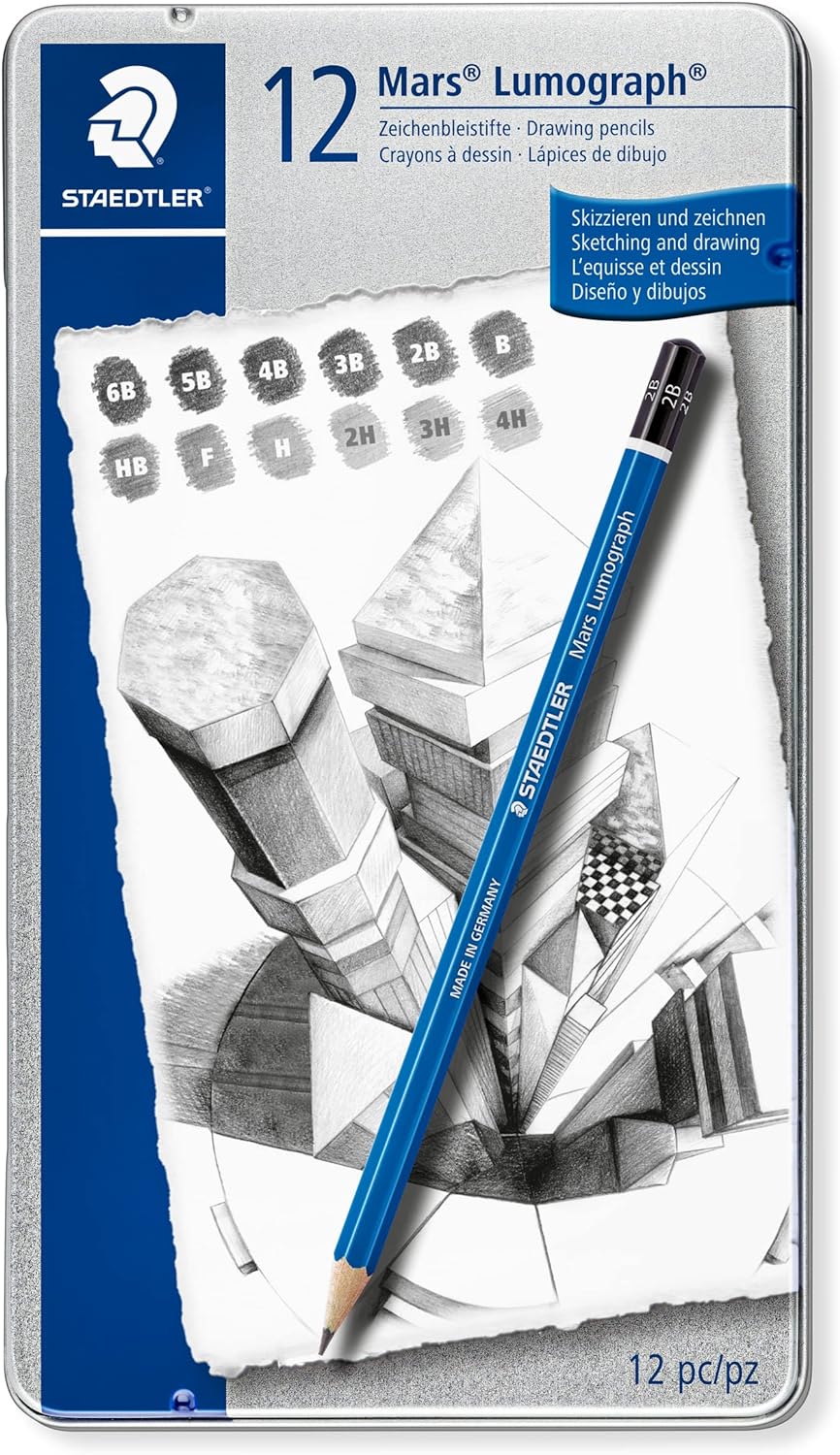 STAEDTLER Mars Lumograph Art Drawing Pencils (12-Pack) – Sustainable, Break-Resistant Graphite, Metal Case