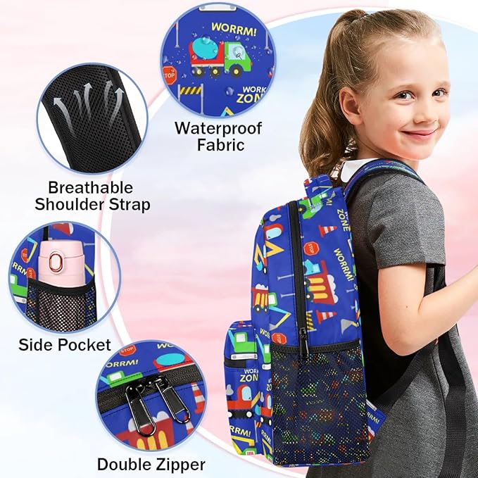 Kids Backpack for Boys Girls - School Bags for Primary Middle High School College Waterproof Casual Daypack Bookbag Lightweight Laptop Travel Backpack (Construction Trucks)
