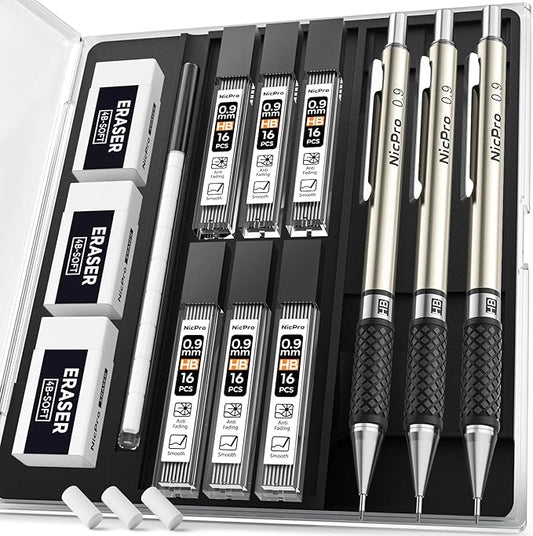 Nicpro RG1000 0.9 mm Art Mechanical Pencil Set in Storage Case, 3 PCS Metal Drafting Pencil Lead Pencil with 6 Tube HB Refills, 3 Erasers, 9 PCS Eraser Refills for Artist Writing, Drawing, Sketching