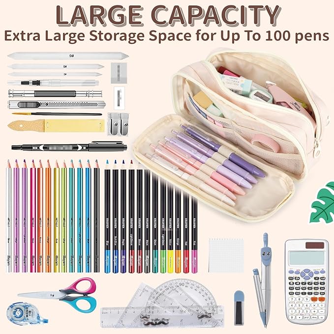 Large Capacity Pencil Case with Compartments, School Pencil Bags with Zipper, Big Storage Pen Bag for Teen Girl Boy Men Women, Adult Stationery Pen Bag for School College and Office