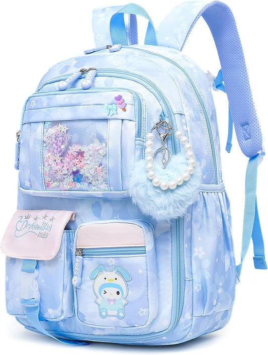 Lovely Girls Backpack School Bag for Students Kids Book Bag with Multiple Pockets Splash-proof Children's Backpack（17inch Blue）