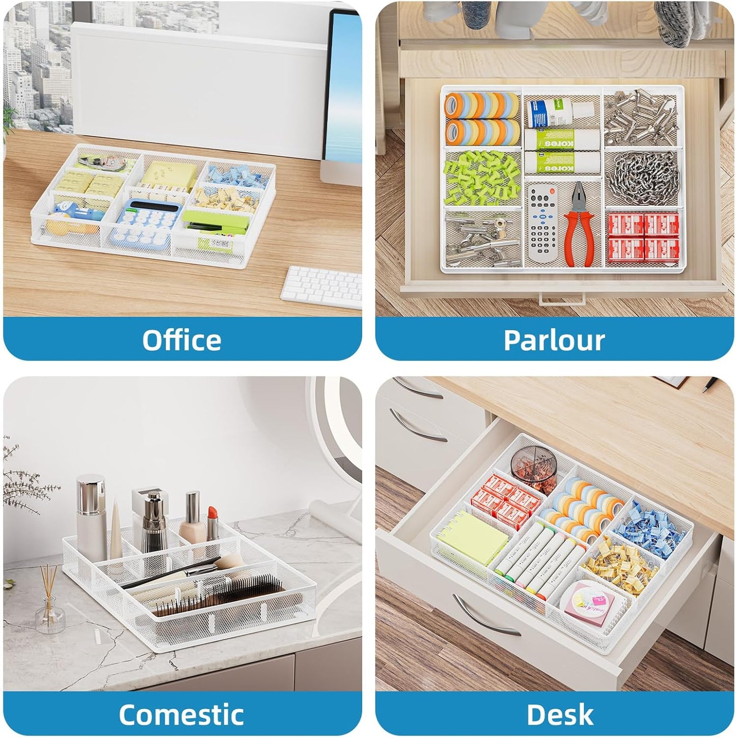 Marbrasse Desk Drawer Organizer, Metal Mesh Drawer Organizer Tray with 5 Adjustable Compartments,Desk Organizers and Accessories for Home,Office,Kitchen,Makeup,Vanity (White)