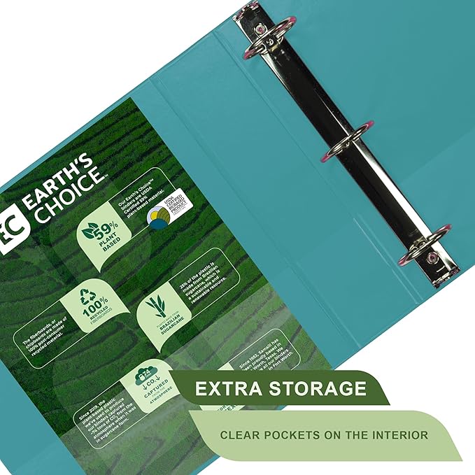 Samsill Plant-Based 2 Inch Durable Round Ring, Made in USA, View Binder, Eco-Friendly, USDA Certified Biobased, Single, Turquoise