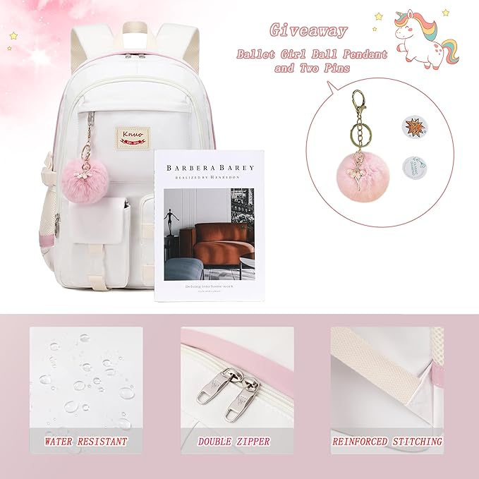 Girls Backpack,15.6 Inch Laptop School Bag Large Primary Elementary Middle College Bookbags Kids Backpacks for Teens Girls Women Students Anti Theft Travel Daypack (Off white)