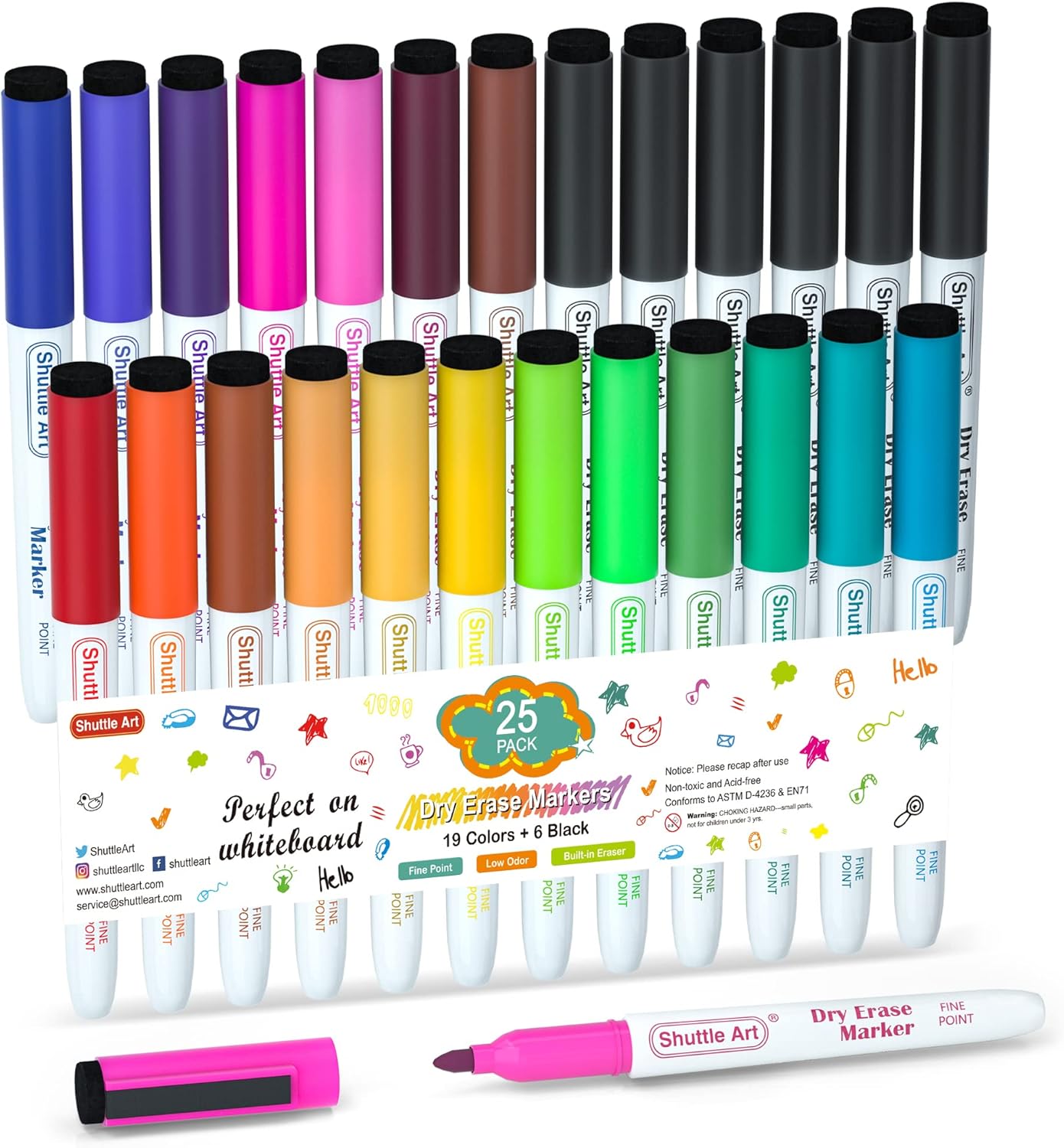 Shuttle Art Dry Erase Markers, 25 Pack 20 Colors Whiteboard Markers,Bundled with 5 Extra Black, Fine Tip Markers for Kids,Perfect for Writing on Dry-Erase Surfaces,School Office Supplies