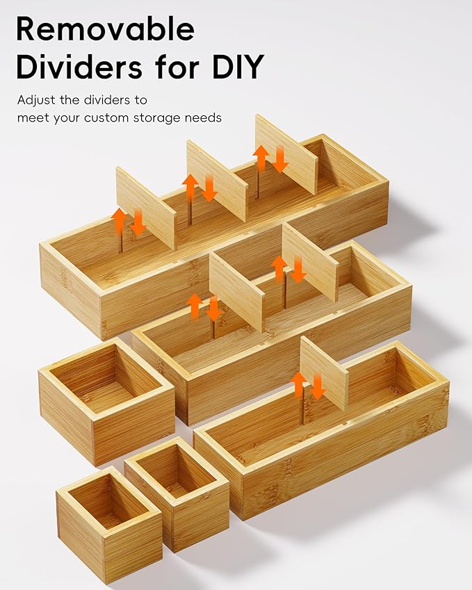 Desk Drawer Organizer Tray Set of 6 – Bamboo Office Storage Boxes with 12 Compartments for Office Supplies, Cosmetics, Jewelry and More