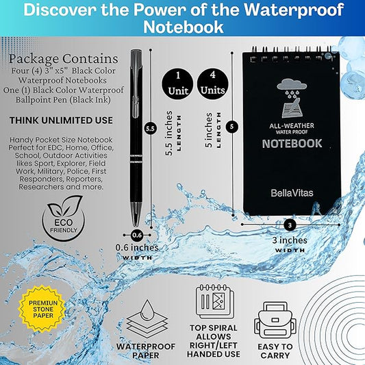 Waterproof 3x5 Notebook Pocket Notebook Small Spiral Notebooks Pocket Notepad Small Notepad 3x5 Pocket Notepad Police Notepad Tactical Notebook and All-Weather pen 4 Pack Black