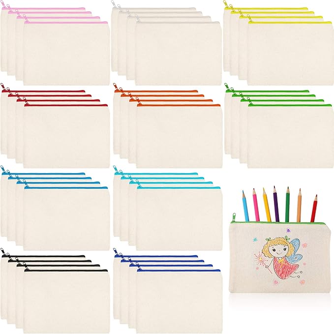 Shappy 40 Pcs Canvas Zipper Pouch Bags Pencil Pouch Canvas Makeup Bags Blank Pencil Case Cotton Cosmetic Case for Travel DIY Craft (9.25 x 6.89 Inches,L)