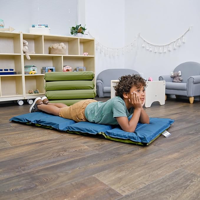 Children's Factory Nap Mats, 2 inch Thick Toddler Nap Mats for Preschools and Daycares, Comfortable and Soft 4 Section Folding Nap Mat, Sage and Deep Water, 1 mat included
