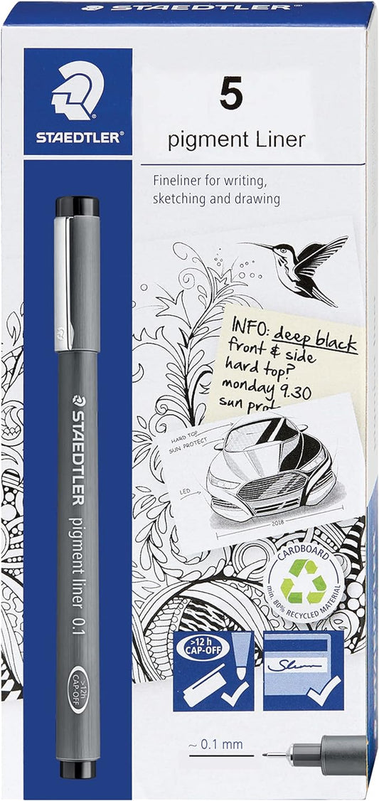 STAEDTLER Pigment Liner, Fineliner Pen for Drawing, Drafting, Journaling, 0.1mm, Black, Box of 5 Pens, 308 01-9M