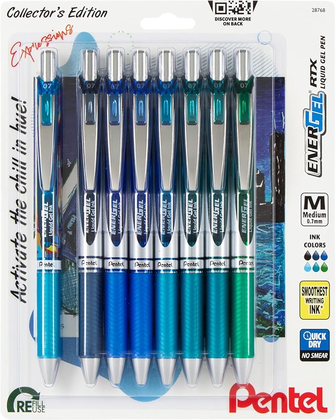Pentel EnerGel RTX Retractable Liquid Gel Pen, Chill Expressions Pack, 0.7mm, Metal Tip, Medium Line,Assorted Ink, Pack of 8 Pens (BL77XCHIBP8M)