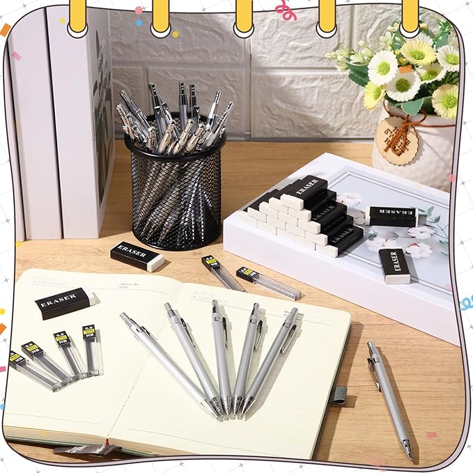 72 Pcs Operation Christmas Items 0.5mm Mechanical Pencils Bulk Set Include Metal Mechanical Pencil HB Lead Refills Erasers for Art Office Classroom Student Writing Drawing(Silver)