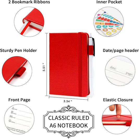 feela 3 Pack Pocket Notebook Journals with 3 Black Pens, A6 Mini Cute Small Journal Notebook Bulk Hardcover College Ruled Notepad with Pen Holder for Office School Supplies, 3.5”x 5.5”, Red