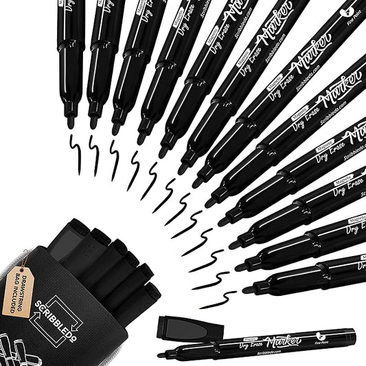 Scribbledo 12 Pack Magnetic Dry Erase Markers Black Fine Tip Whiteboard Markers with Eraser Cap Thin Low Odor Skinny White Board Markers for Adults Students Teachers Kids Art Home School & Office
