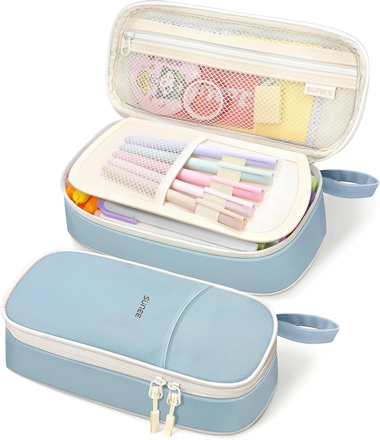 SUNEE Large Pencil Case, Cute Pen Pouch, Aesthetic Zipper Stationery Bag Large Capacity Kawaii Pen Organizer, Blue, Bag Organiser