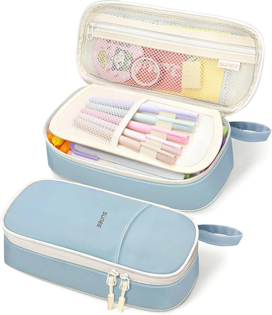 SUNEE Large Pencil Case, Cute Pen Pouch, Aesthetic Zipper Stationery Bag Large Capacity Kawaii Pen Organizer, Blue, Bag Organiser